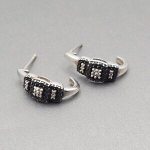 Sterling Silver & Black Rhinestone Half Hoop Post Earrings .75" Prong Setting